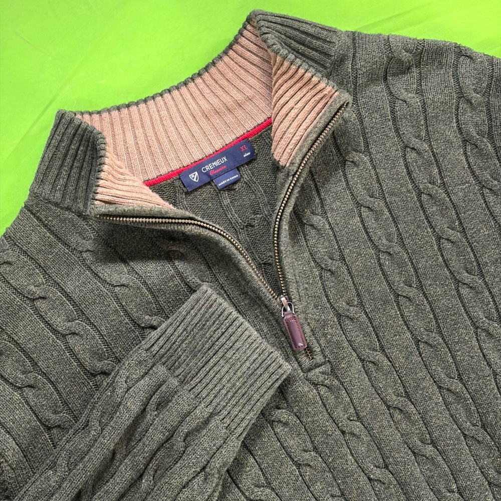 Cremieux Classics Cable Knit Sweater Mens 2X Olive Green Cotton 1/4 Zip Pullover